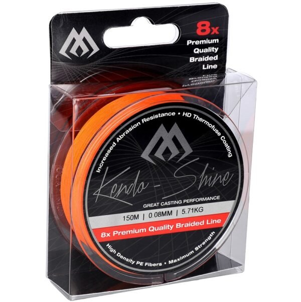 The Mikado Braided Line Kendo Shine 0.23mm/21.75kg/150m in Fluo Orange delivers exceptional performance for demanding anglers.