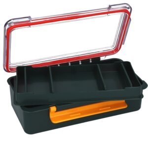 The Mikado One-Sided Box H392 (21x12x6cm) offers sturdy storage for lures and accessories. Designed with a transparent lid and a moisture-resistant seal, it ensures your gear stays safe and organized.