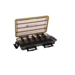 Single-sided, 100% water-proof, black angling boxes with seals. Bottom compartments were fitted with a specially incised foam. They also have classic, adjustable compartments without any foam, for storage of all sorts of lures.