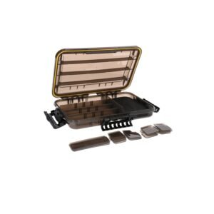 Single-sided, 100% water-proof, black angling boxes with seals. Bottom compartments were fitted with a specially incised foam. They also have classic, adjustable compartments without any foam, for storage of all sorts of lures.