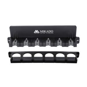 The Mikado Holder For Rods offers a compact, efficient way to store up to six fishing rods.